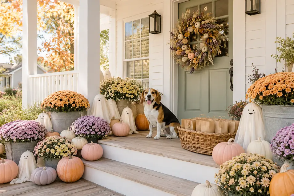 A cheerful Beagle welcomes visitors to a bright farmhouse porch filled with friendly ghosts, pastel pumpkins, colourful mums and treat bags.