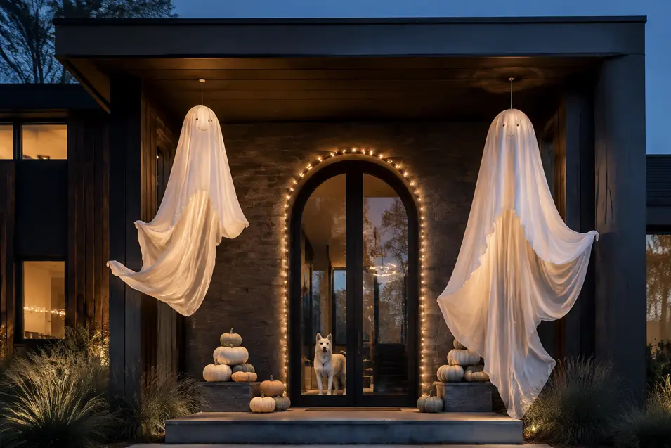 Two glowing fabric ghosts float above white pumpkins at a modern entrance, while a curious dog watches from behind the glass doors.