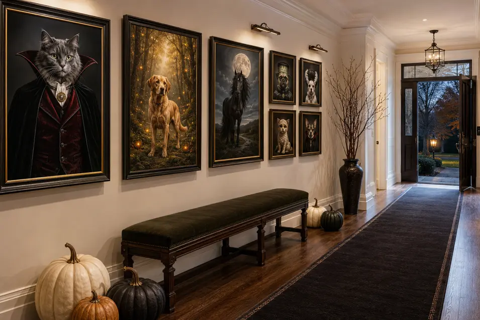 A long entrance hall becomes a Halloween gallery with dramatic pet portraits, sculptural pumpkins, a dark runner and an elegant upholstered bench.
