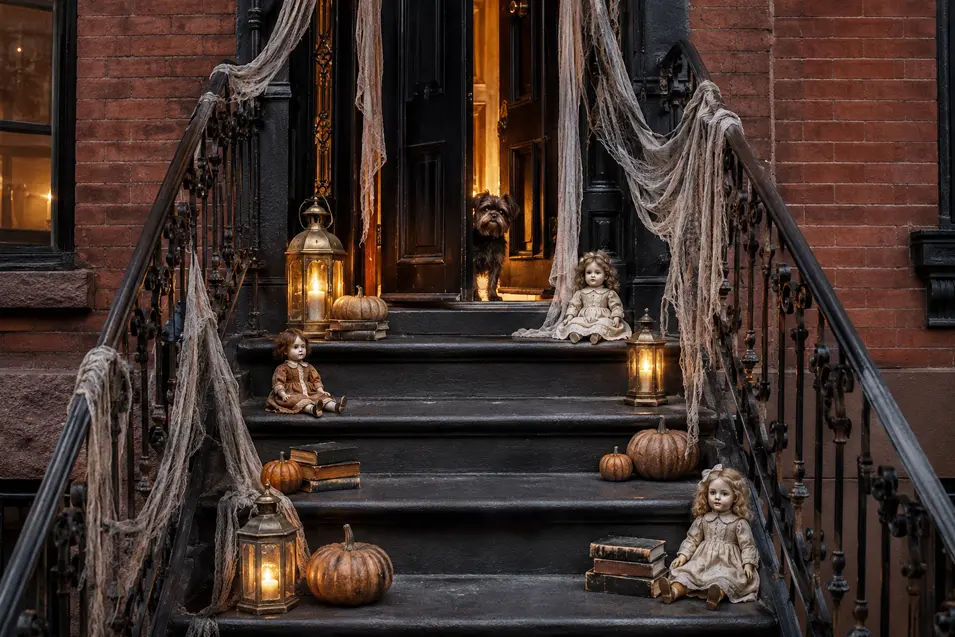 A small dog peers from a haunted brownstone doorway above steps lined with vintage dolls, pumpkins, old books and flickering lanterns.