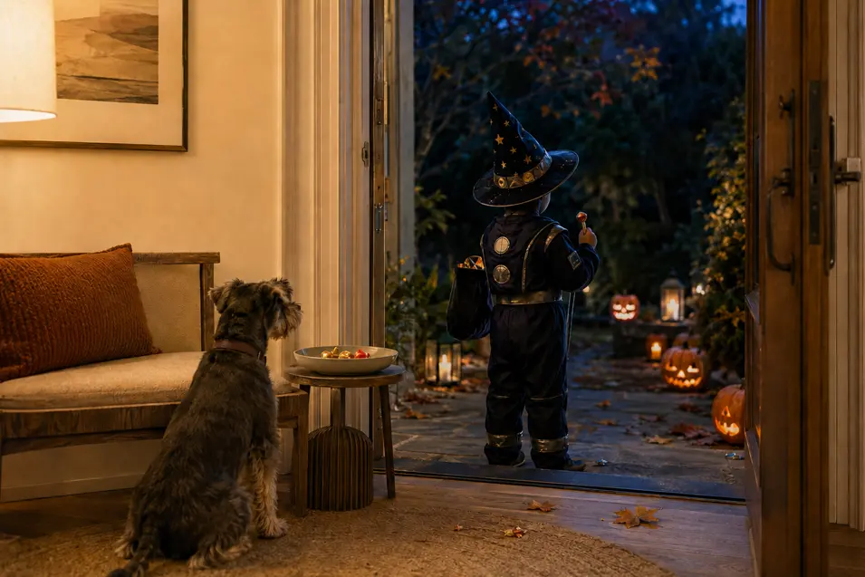 A Schnauzer watches from a warmly lit entrance as a young wizard heads down a pumpkin-lined path on Halloween night.