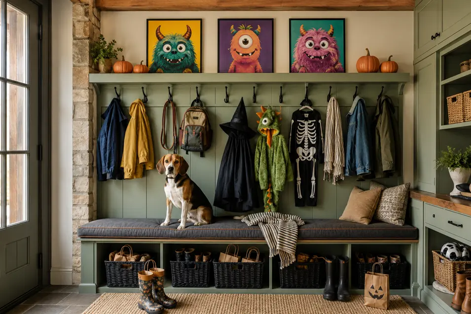 A Beagle sits beneath colourful monster portraits and children’s Halloween costumes in a beautifully organized sage-green mudroom.