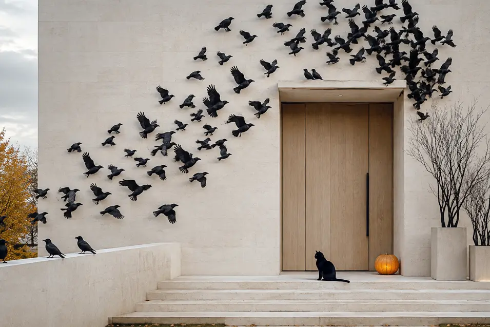 Black ravens sweep across a contemporary stone entrance while a black cat sits beside a glowing pumpkin and stark branches.