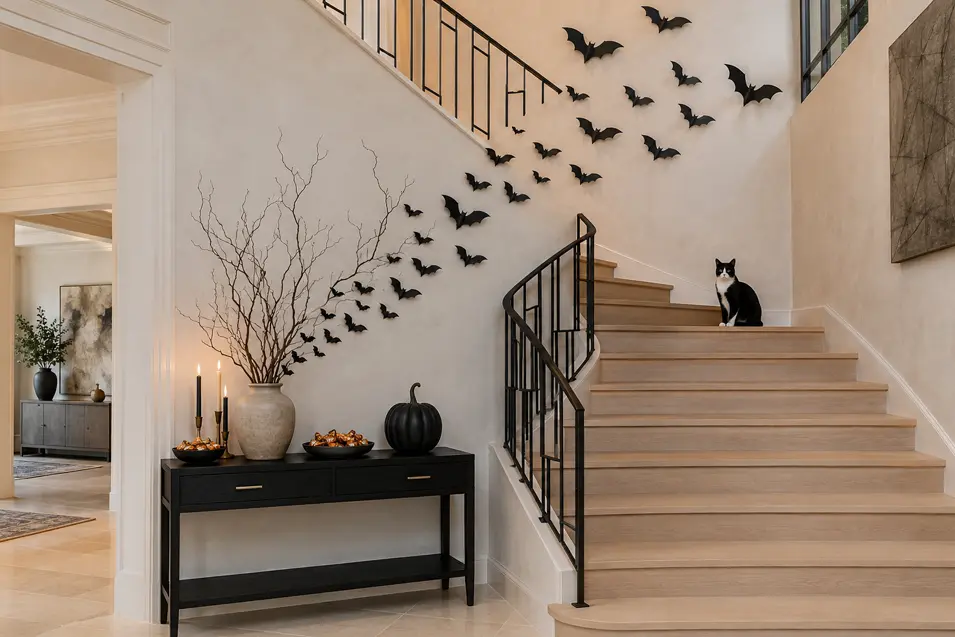 Black bats sweep up a modern staircase from a Halloween console display while a tuxedo cat calmly watches from the steps.