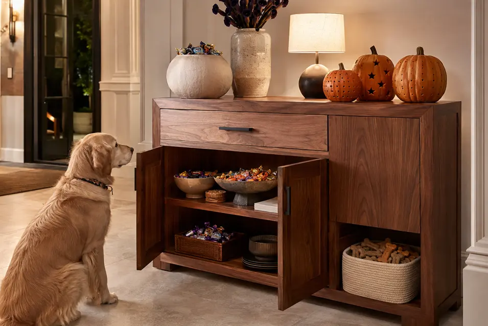 A Golden Retriever waits beside an open walnut treat cabinet filled with Halloween candy, dog biscuits, pumpkins and seasonal décor.
