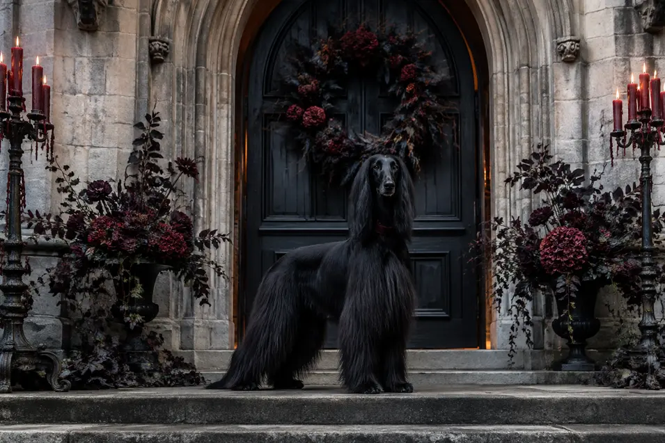A regal black Afghan Hound guards a Gothic stone entrance framed by burgundy flowers, black foliage and towering red candles.