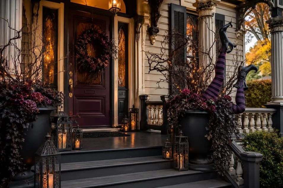 A witch’s striped legs emerge from a planter on an elegant Victorian porch filled with glowing lanterns, twisted branches and deep plum flowers.