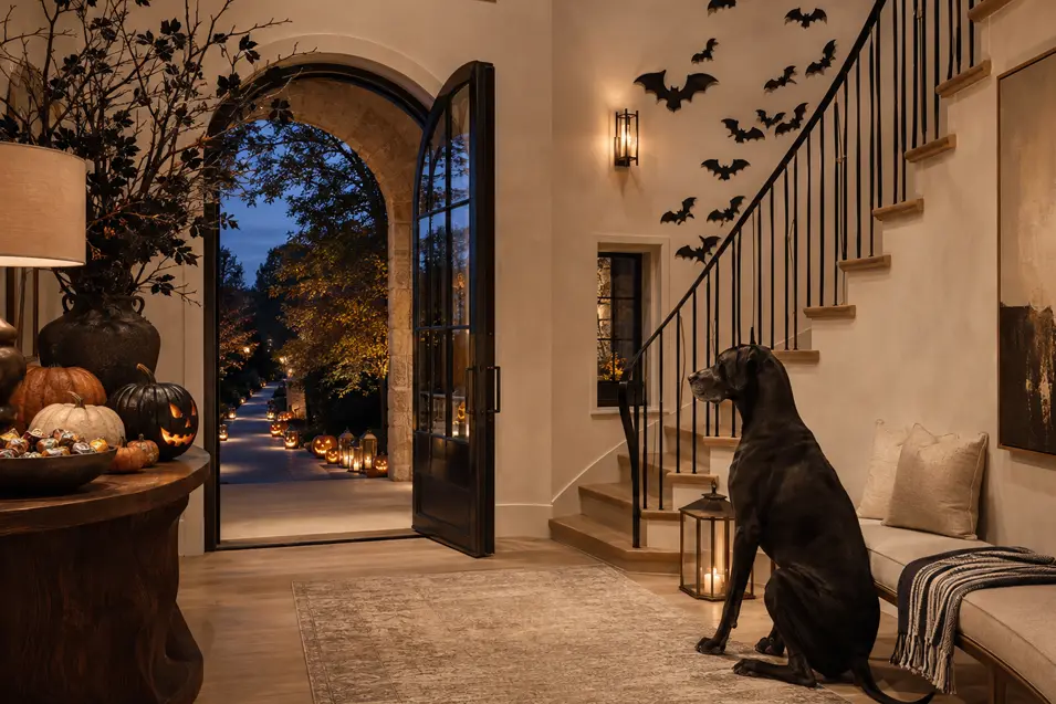 A black Great Dane waits in an elegant Halloween entrance with bats, pumpkins, candy and a lantern-lit path beyond the open door.