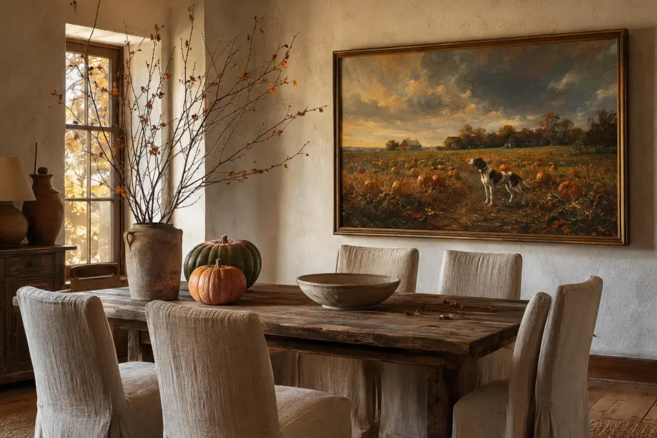 A rustic dining room features a painting of a farm dog in a pumpkin field, complemented by autumn branches and pumpkins on the table.