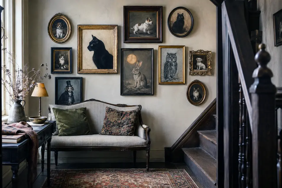 A charming gallery wall of vintage pet portraits brings subtle Halloween mystery to a cozy sitting area beside a dark wooden staircase.