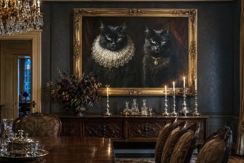 A grand portrait of two aristocratic black cats presides over a formal dining room filled with silver candlesticks, dark flowers and antique glassware.