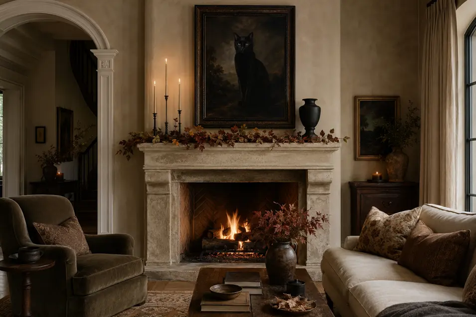 A mysterious black cat portrait hangs above a stone fireplace in an elegant living room accented with candles and autumn foliage.