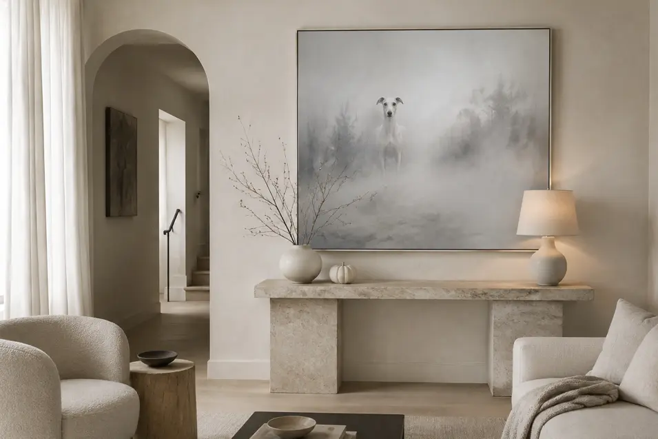 A dreamlike painting of a white dog emerging from mist adds an eerie, understated Halloween mood to a serene contemporary living room.