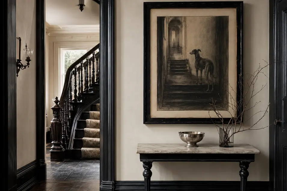 A haunting charcoal portrait of a Greyhound on a shadowy staircase hangs above a marble console in an elegant black-and-cream hallway.