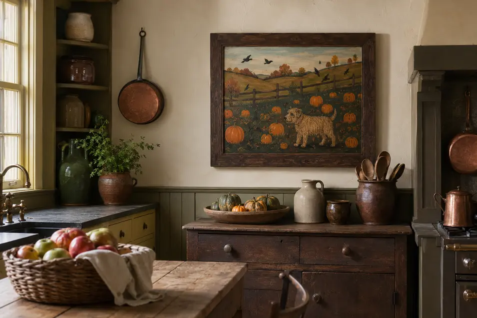 A folk-art painting of a terrier in a pumpkin patch brings playful autumn charm to a rustic cottage kitchen filled with pottery and copper.