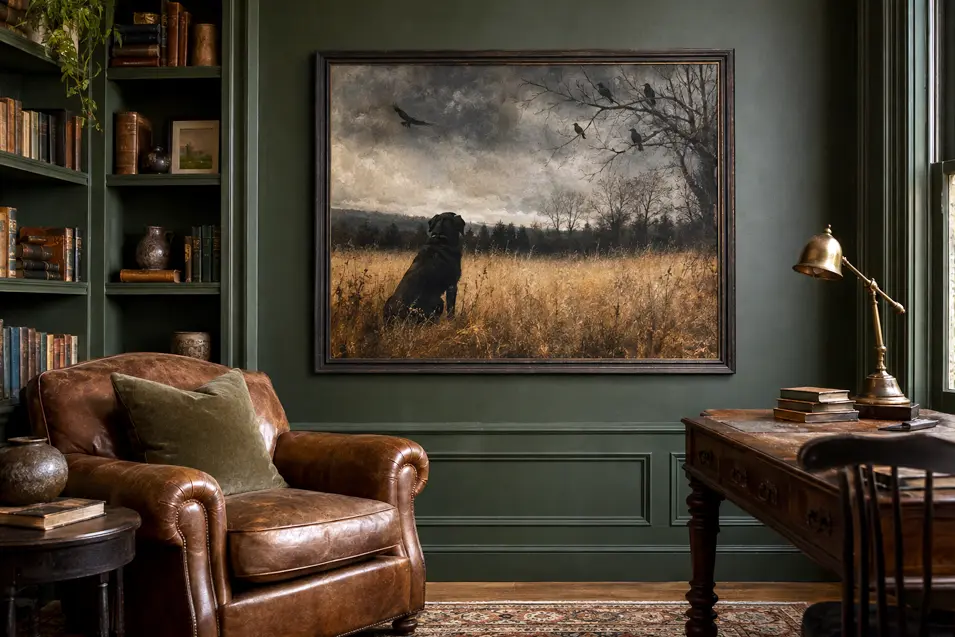 A moody painting of a black dog beneath gathering ravens creates a sombre focal point in a sophisticated green study lined with old books.