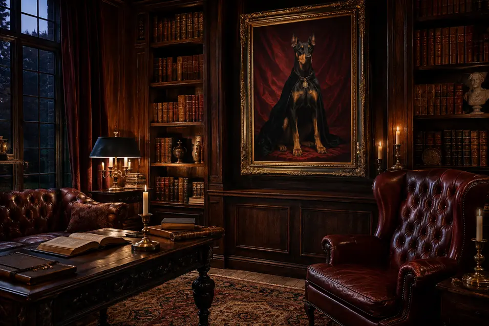 A regal vampire Doberman portrait presides over a candlelit library filled with dark wood, antique books and rich oxblood leather.