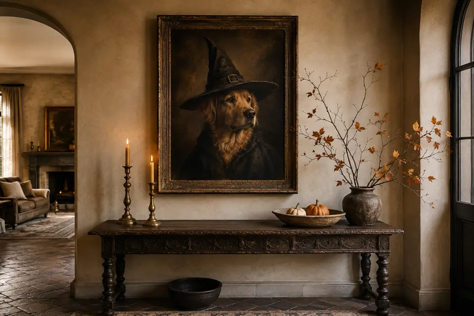 An old-master portrait of a dog in a witch’s hat hangs above an antique console decorated with candles, pumpkins and autumn branches.