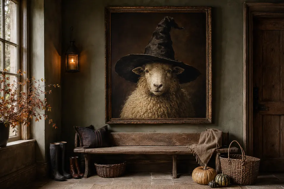 A stately portrait of a sheep in a witch’s hat hangs above a rustic mudroom bench decorated with baskets, boots and pumpkins.