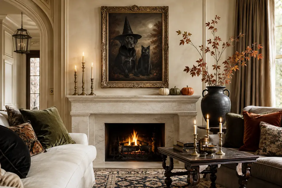 An elegant living room features a witch-hat dog and black cat portrait, heirloom pumpkins, autumn branches and warm candlelight.