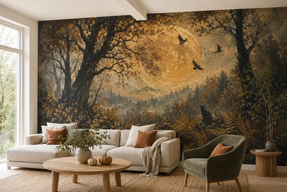 Bright living room with an enchanted forest mural featuring a golden moon, ravens and a black cat among autumn ferns.