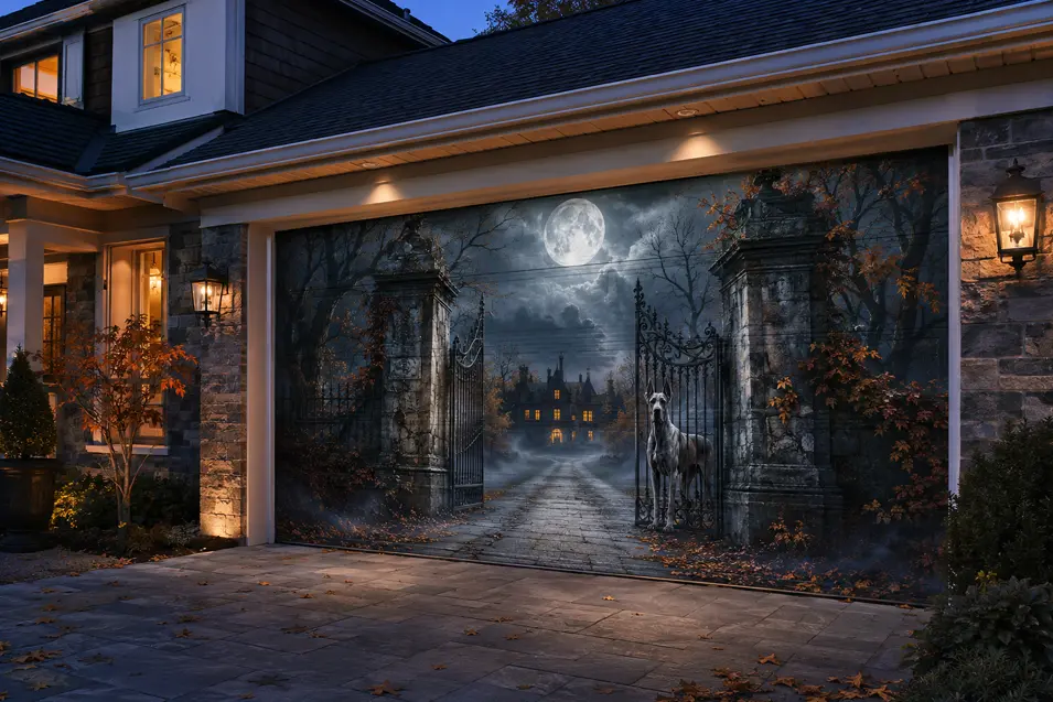A garage door mural transforms the entrance into a moonlit Gothic estate, with iron gates, autumn trees and a watchful Great Dane.