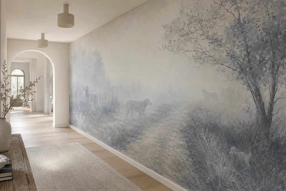 A pale hallway features a misty blue-grey landscape mural where ghostly dogs emerge subtly from fog, trees and grasses.