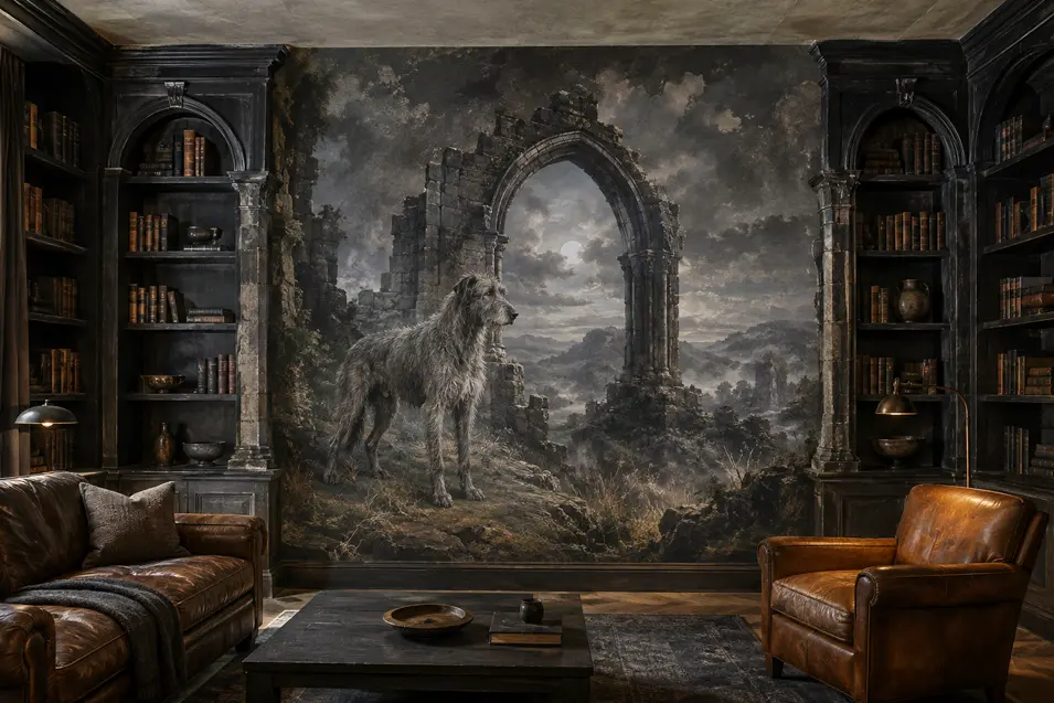 Dark Gothic library with leather furniture and a monumental mural of an Irish Wolfhound guarding moonlit ruins.