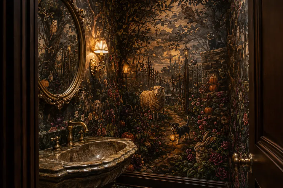 A dramatic powder room features a richly detailed Gothic garden mural filled with dogs, sheep, owls, pumpkins, roses and a distant castle.
