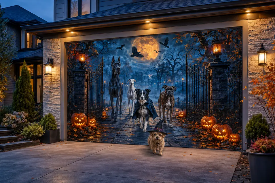 A Halloween garage mural features costumed dogs, glowing jack-o’-lanterns, Gothic gates, ravens and a huge moon beneath a stormy sky.