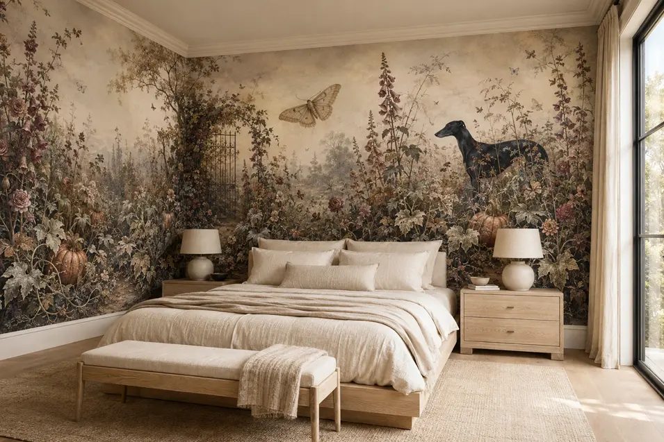 Serene cream bedroom wrapped in a haunting botanical mural featuring a black Greyhound, moths, pumpkins and an overgrown garden gate.