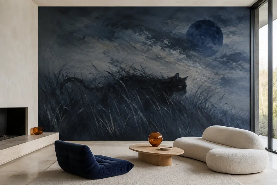 Minimalist living room with a dramatic blue-black mural of a black cat stalking through tall grasses beneath a shadowy moon.