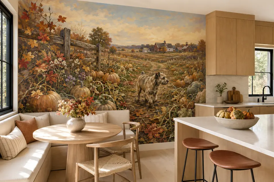 Bright country kitchen with an autumn pumpkin patch mural featuring a scruffy terrier, weathered fence and distant farm buildings.