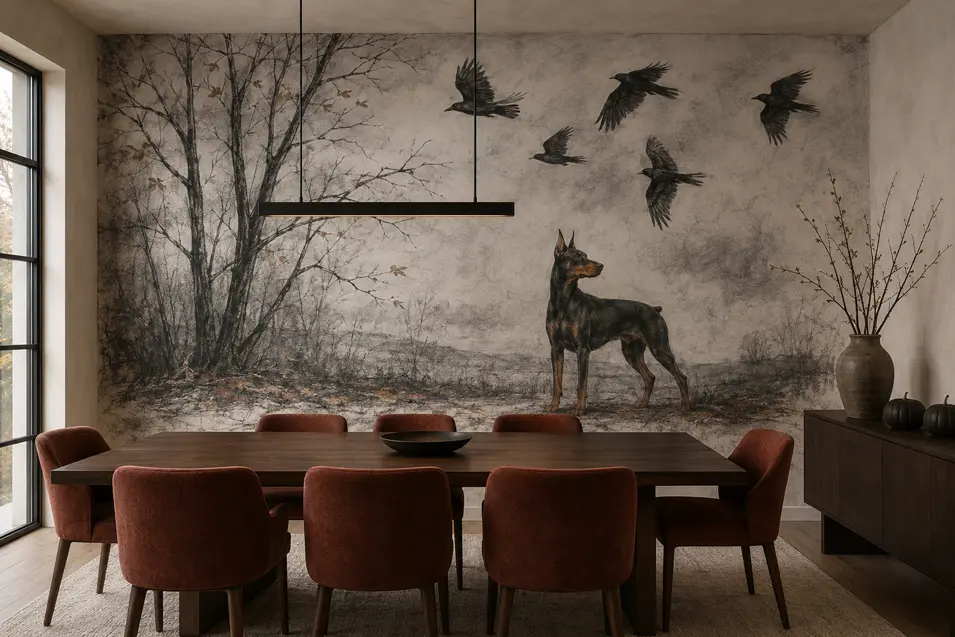 Sophisticated dining room with rust chairs and a haunting charcoal mural of an alert Doberman beneath bare trees and circling ravens.