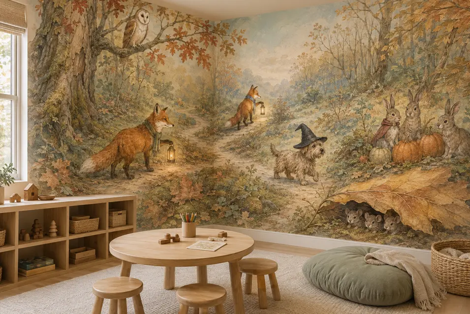 Warm children’s playroom with a storybook woodland mural featuring a witch-hat dog, lantern-carrying foxes, rabbits, mice and an owl.