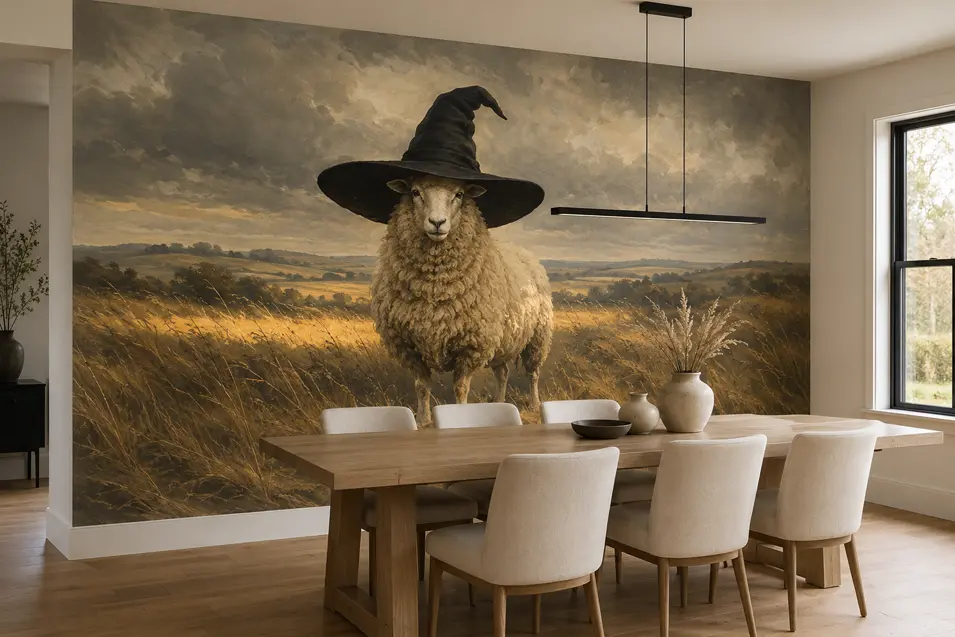 Contemporary farmhouse dining room with a dramatic pastoral mural of a dignified sheep wearing an enormous black witch’s hat.