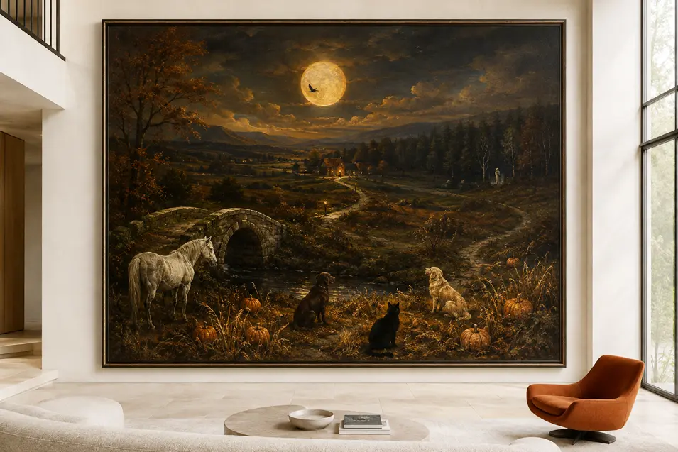 A moonlit landscape of dogs, a black cat and a pale horse gathering near a stone bridge commands a grand, minimalist living room.