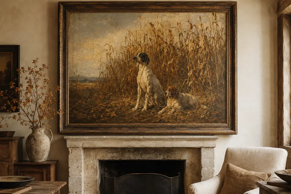 An antique painting of two dogs beside a cornfield hangs above a stone fireplace in a warm, rustic country living room.
