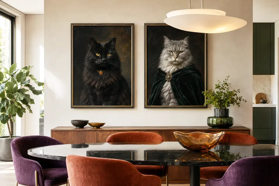 Formal portraits of a black cat and a silver cat in Gothic attire add dark personality to a colourful, contemporary dining room.