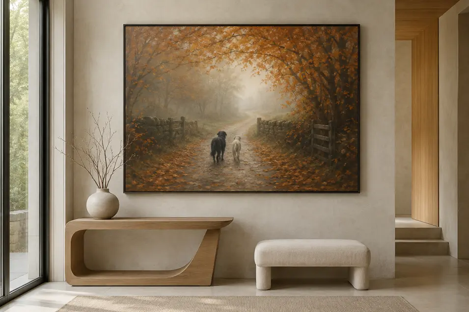 A painting of two dogs walking down a misty autumn lane brings warmth and quiet mystery to a serene modern entryway.