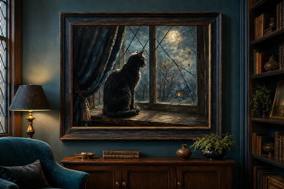 A moody painting of a black cat watching the moonlit woods hangs in an elegant dark library filled with velvet, wood and antique books.