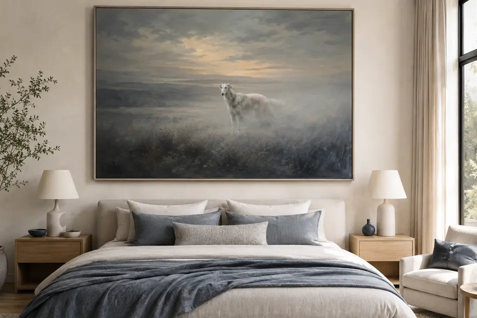 An ethereal painting of a pale dog emerging from the mist creates a quiet, haunting focal point in a serene modern bedroom.