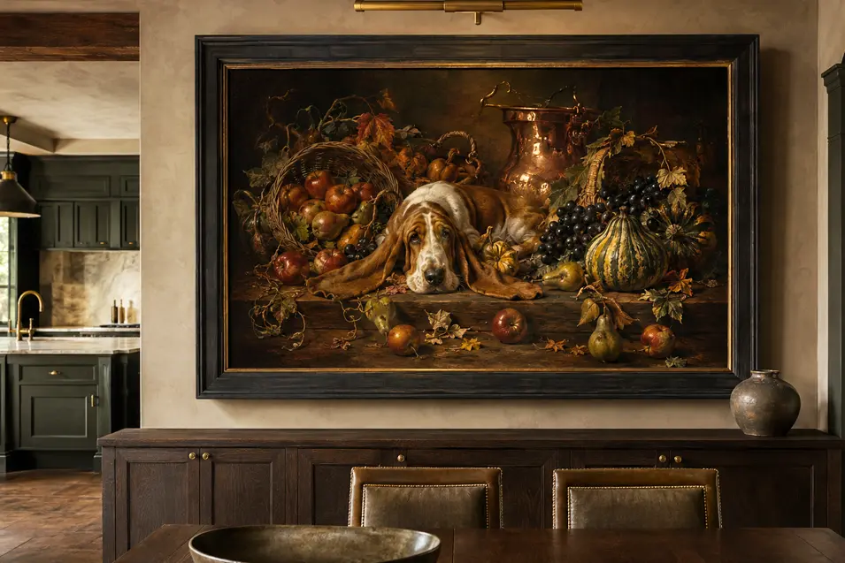A Dutch-style still life of a Basset Hound among autumn fruit and gourds brings warmth and gentle humour to an elegant dining room.