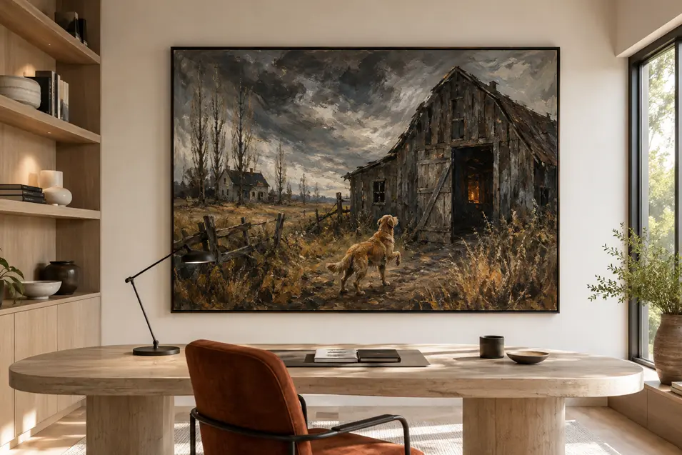 A tense farm dog approaches an abandoned barn glowing beneath a stormy sky in a dramatic painting displayed in a modern home office.
