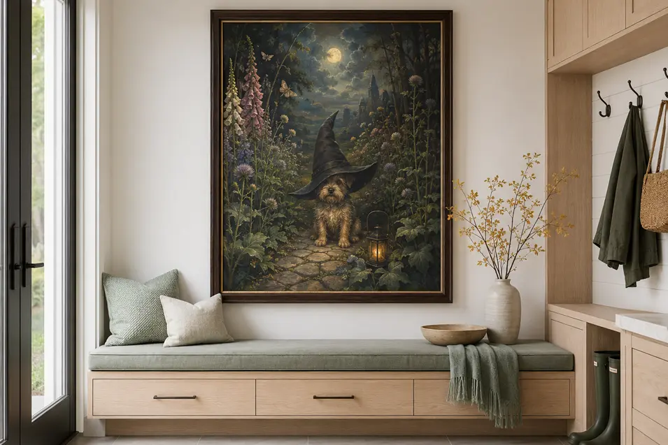A storybook portrait of a tiny terrier in an oversized witch hat adds whimsical Halloween charm to a bright, modern mudroom.