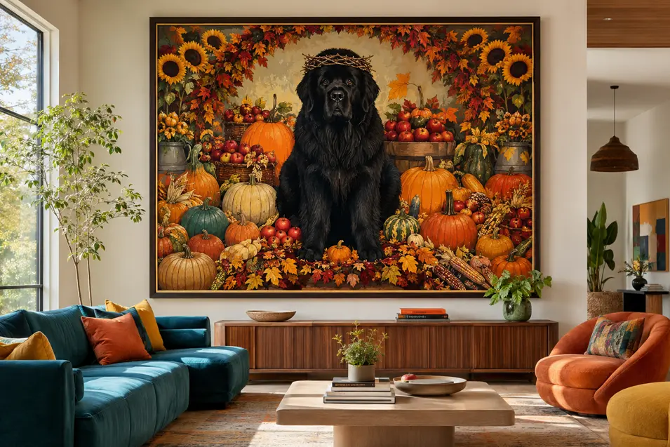 A crowned Newfoundland presides over a colourful autumn harvest in a joyful folk-art painting displayed in a vibrant modern living room.