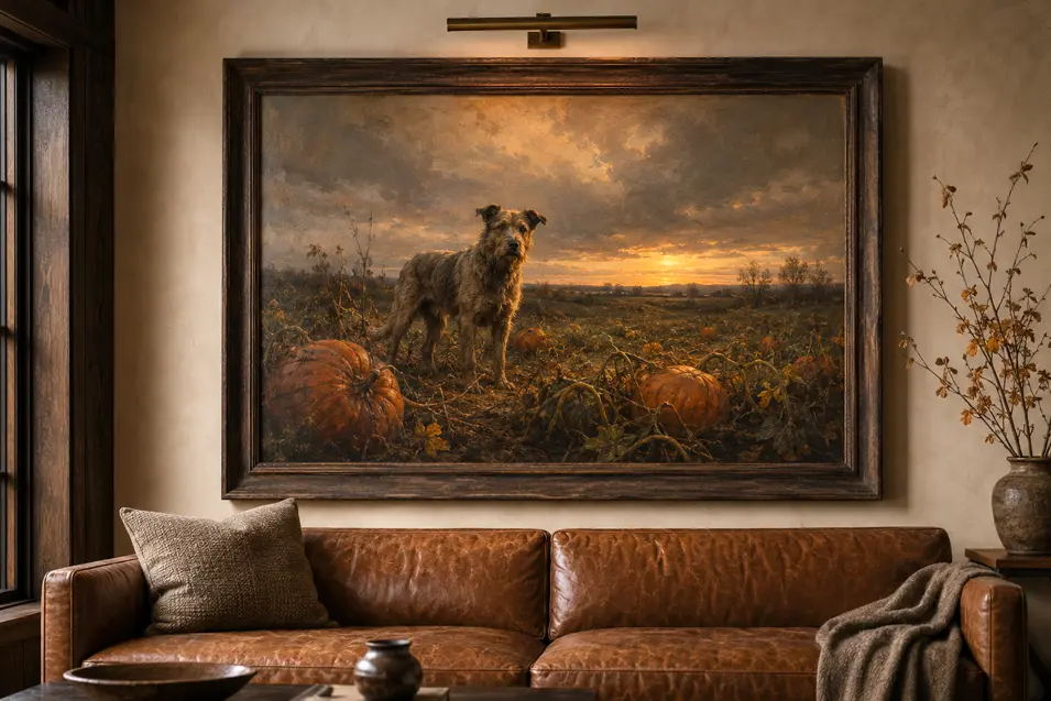 A pastoral painting of a shaggy dog in a pumpkin field at sunset hangs above a leather sofa in a warm, rustic living room.