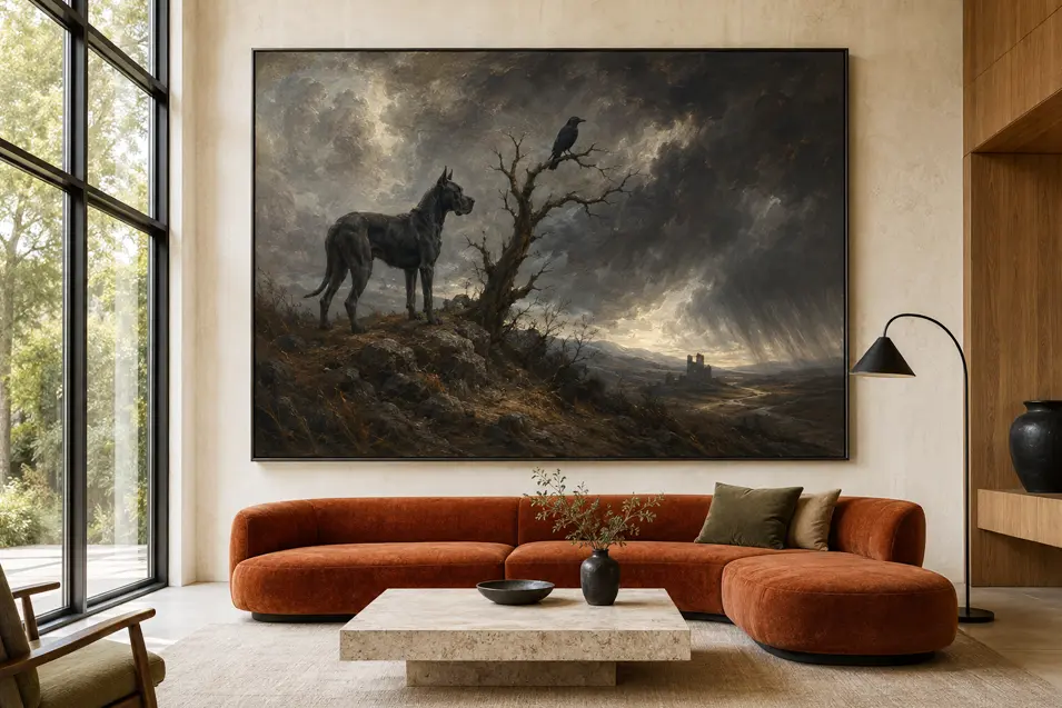 A dramatic painting of a black Great Dane and raven beneath a stormy sky commands a warm, sophisticated modern living room.