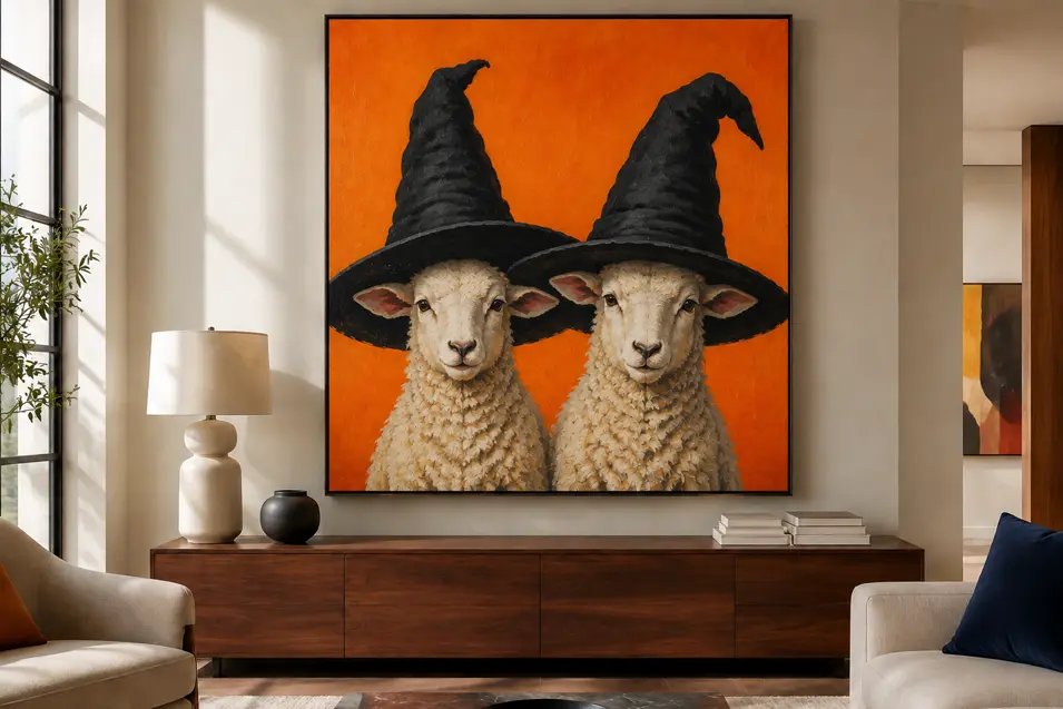 A bold portrait of two lambs in oversized witch hats brings playful Halloween colour to a bright, sophisticated modern living room.