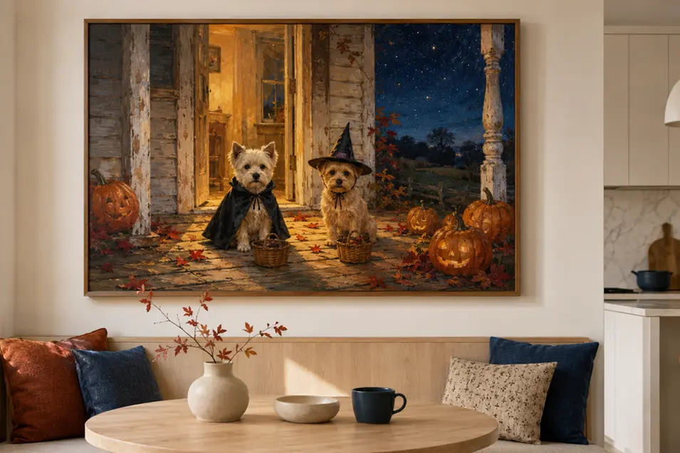 A nostalgic painting of two tiny costumed dogs waiting for treats adds playful Halloween charm to a bright, modern breakfast nook.